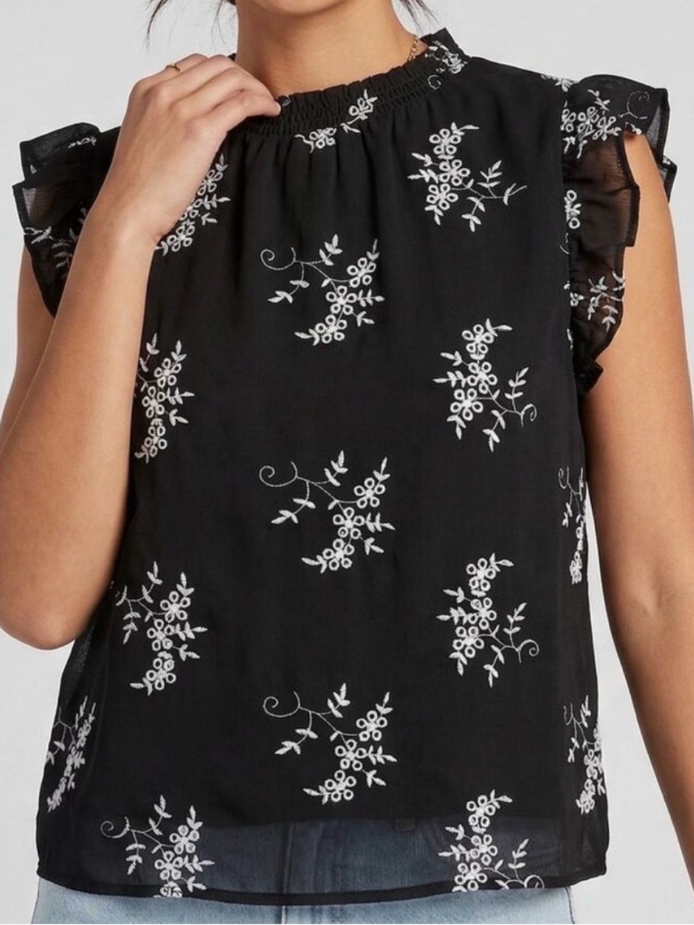 Ophelia Roe Embroidered Eyelet Blouses- White & Black, White & Black. - Picture 7 of 9